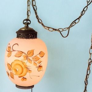 MCM Swag Lamp Frosted White Glass Painted Floral Hanging 3 Stage 16' Plug Acorn